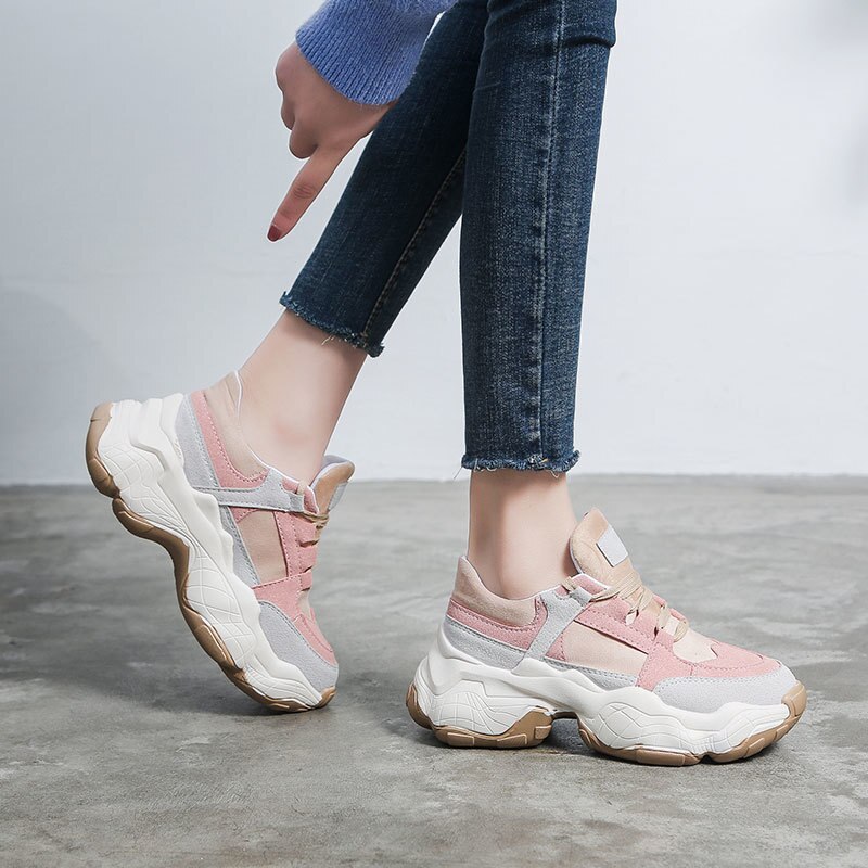 Women's Platform Sneakers - Chunky Lace-Up - Breathable Canvas Running Shoes - Akexiya