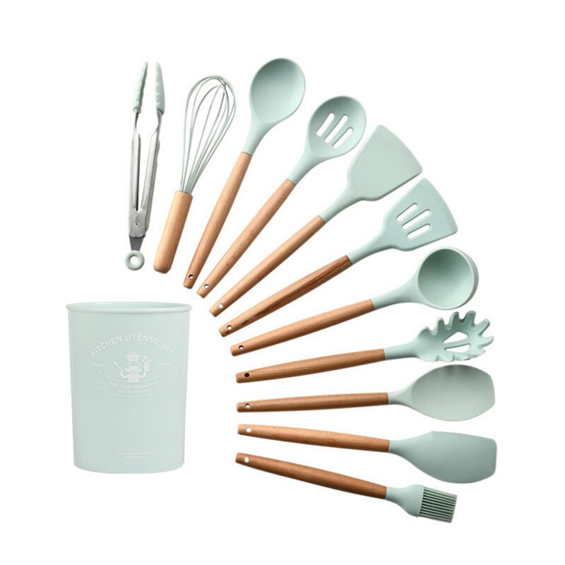 Utensilios de cocina antiadherentes de silicona, cuchara densa, espátula, batidores de huevos con mango de madera, vajilla