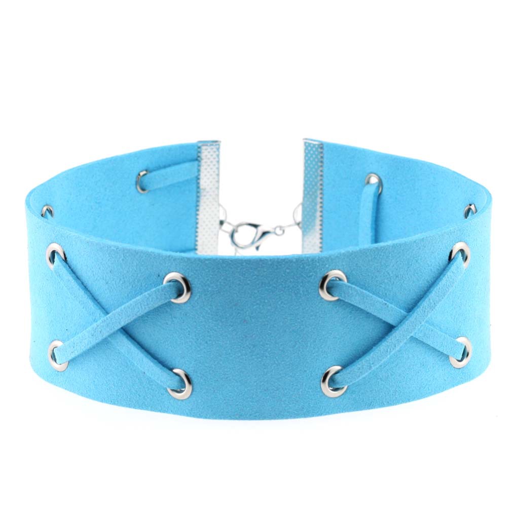 Decopunk Handmade Neo Gothic Hippie Wide Leather Wrap X Charm Silvery Lobster Buckle Adjustable Choker Necklaces For Women: Light blue