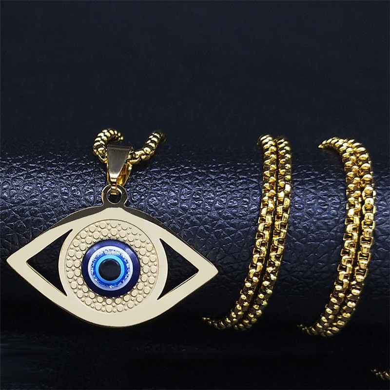 Islam Hamsa-collar de ojo Azul malvado, joyería griega de acero inoxidable, ojo turco, N1258S02: Oro oscuro
