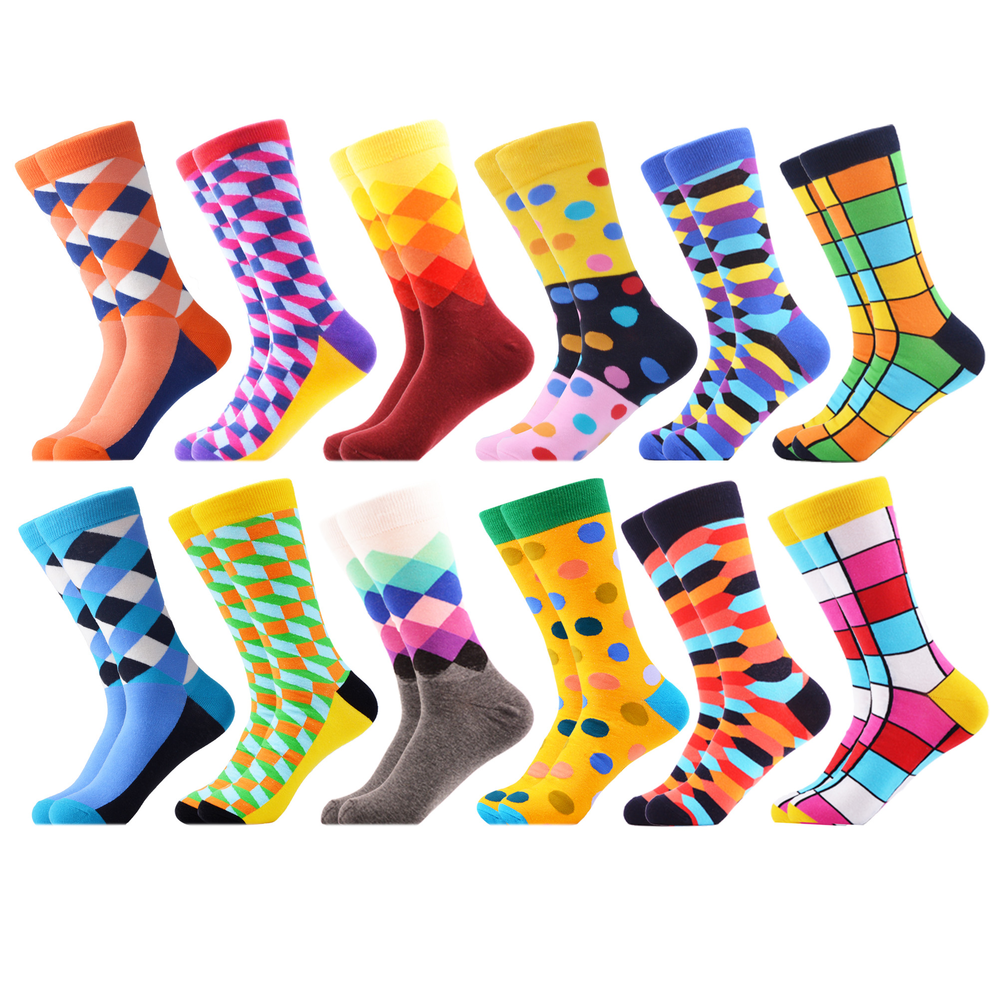 SANZETTI 12 Pairs/Lot Men Combed Cotton Casual Tube Socks Colorful Dress Striped Plaid Comfortable Party Classic Socks: 06922