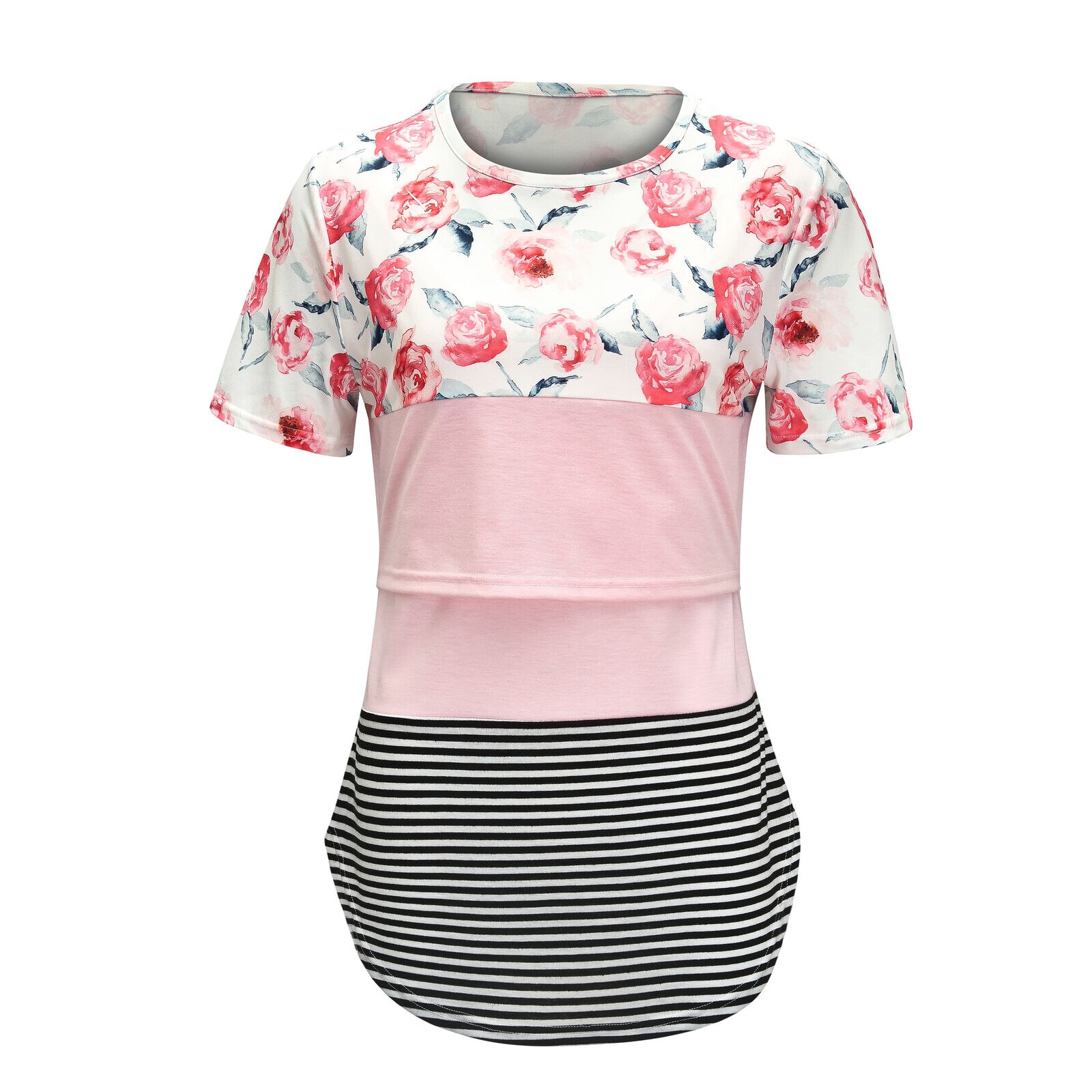 Kortærmede t-shirts til gravide med stribede blomstrede ammeoverdele: Lyserød / Xxl