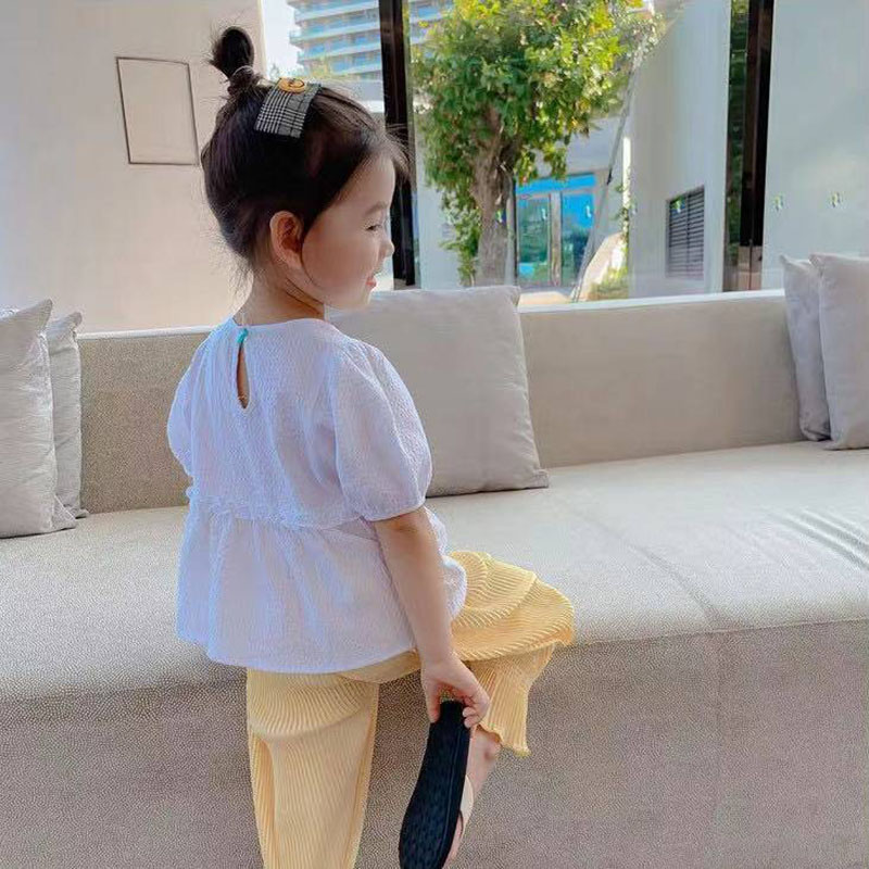 Baby Meisjes Blouse Zomer Korte Mouw Kids Shirt Voor Peuter Meisje Tops Kinderen Kleding Baby 80 ~ 130 Linnen Wit blauw