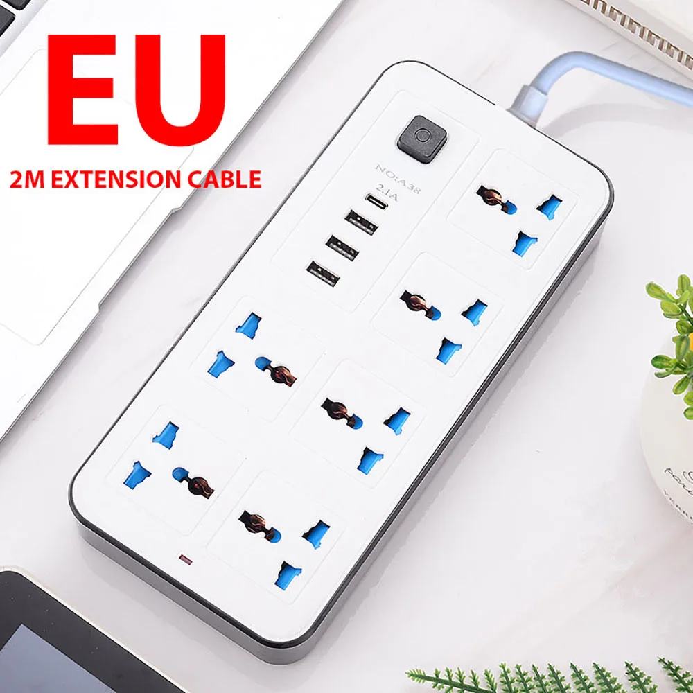 Strømuttak med flere tilkoblinger universalplugg eu usa uk stikkontakt strømskinne ac type c usb-port lade stikkontakt med 1.8m skjøteledninger: Hvit