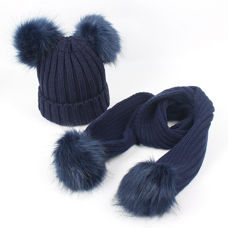 Conjunto de bufanda y gorro para niños y niñas, doble pompón de piel sintética, cálido, tejido, largo, Invierno: navy