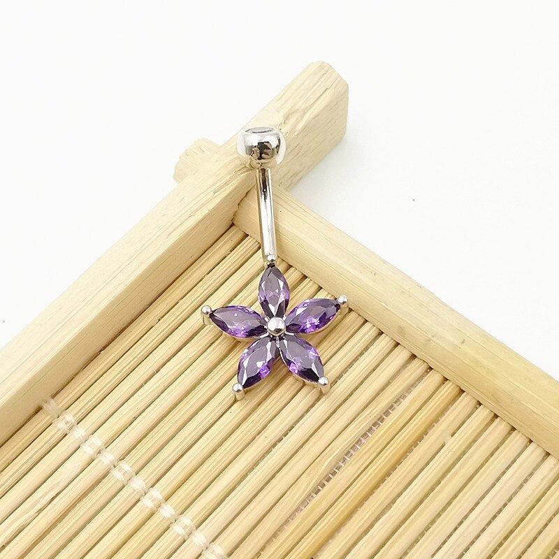 Hellolook 925 prata esterlina barriga piercing botão barra anel branco rosa roxo flor cúbico zircão umbigo piercing jóias: 10mm / Purple