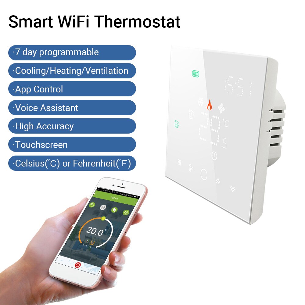 Smart Touchscreen WiFi Programmable Thermostat Temperature Controller 95~240V Voltage Thermostat with App and Voice Control: Wifi White / 4 Wire