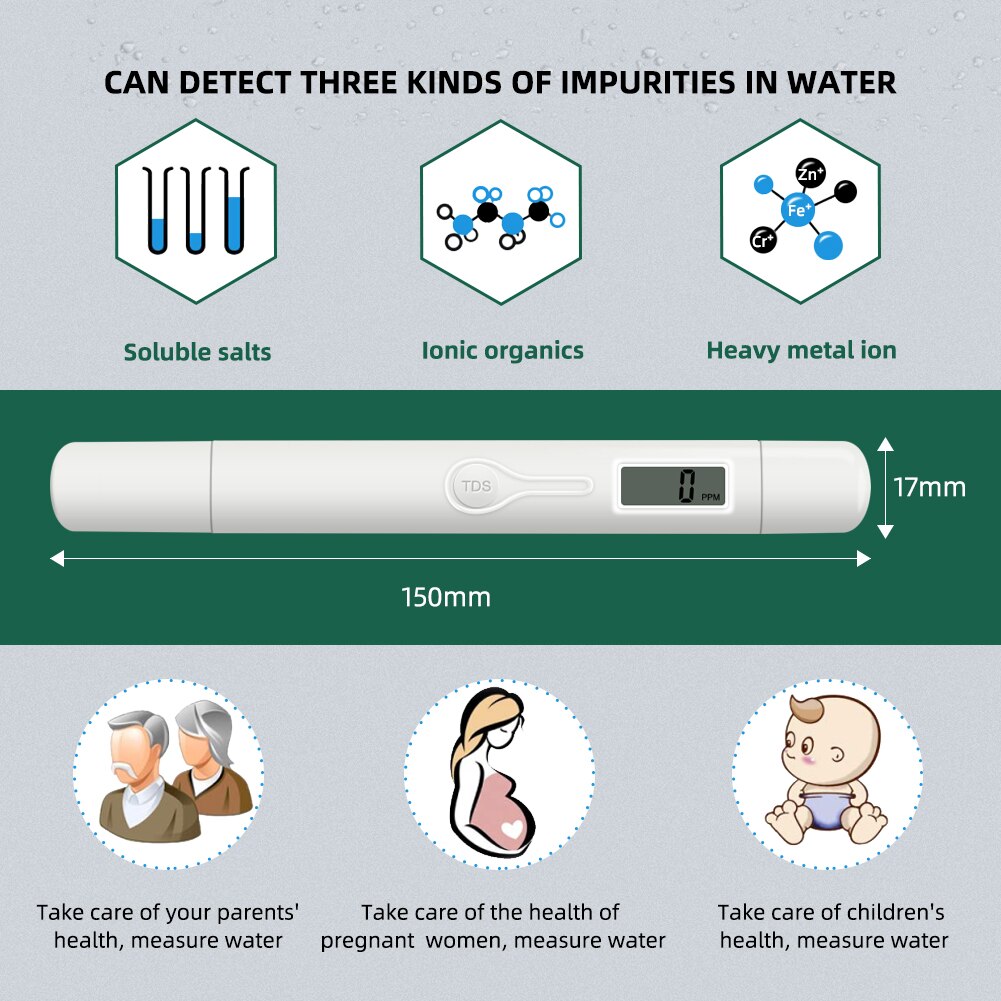 Mini TDS Meter 0-9990ppm Digital Water Purity Tester Portable Test Pen Monitor for Drinking Water Aquarium Swimming Pool