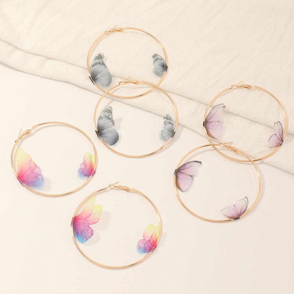Mooie Dubbele Vlinder Oorbellen Europese Zomer Meisjes Multicolor Grote Ronde Cirkel Gold Hoop Oorbellen Sieraden Voor Vrouwen