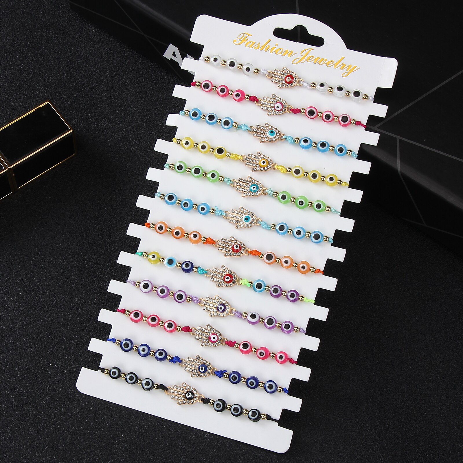 12Pcs Evil Ogen Crystal Bead Charm Armbanden Voor Vrouwen Verstelbare Fatima Hand Hanger Elastische Enkelbandje Partij Sieraden