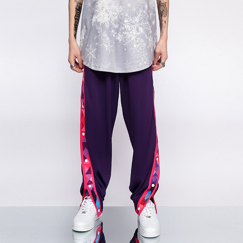 Pantalon de jogging taille moyenne pour homme, pantalon de basket-ball, pleine longueur, rayures noires, fendu, Street Hip Hop, survêtement avec boutons latéraux