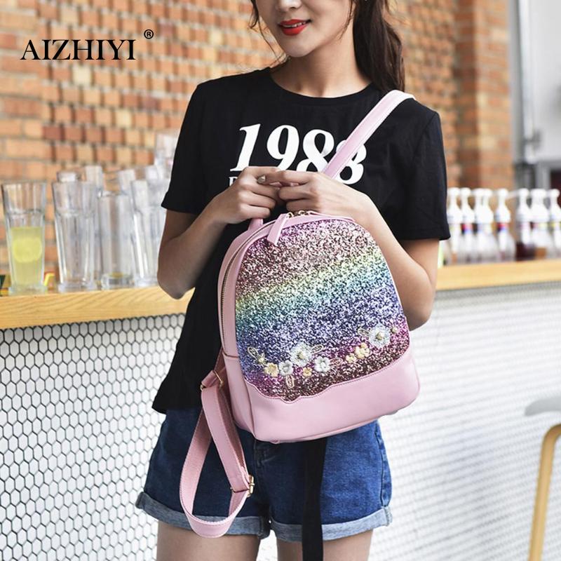 Bling Glitter Rucksack Shining Sequins Backpack Women Floral Pu Leather Backpack Girls Mini Travel School Bag Mochilas