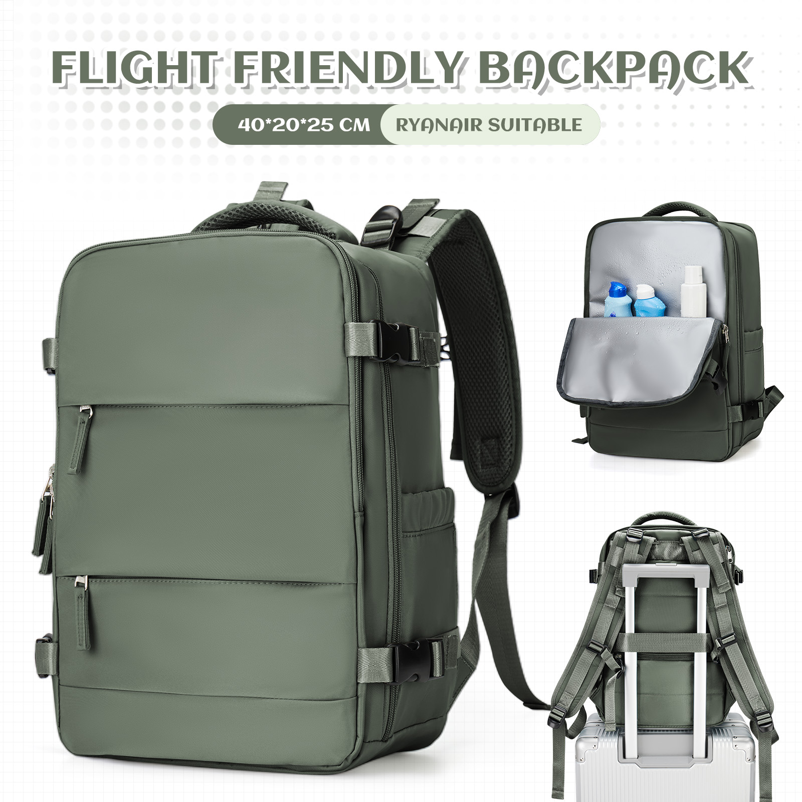 Men Portable Laptop Hand Luggage Backpack Waterproof Carry on Backpack Travel Cabin Airplane 40x20x25 Women Anti-Theft Backpack: green