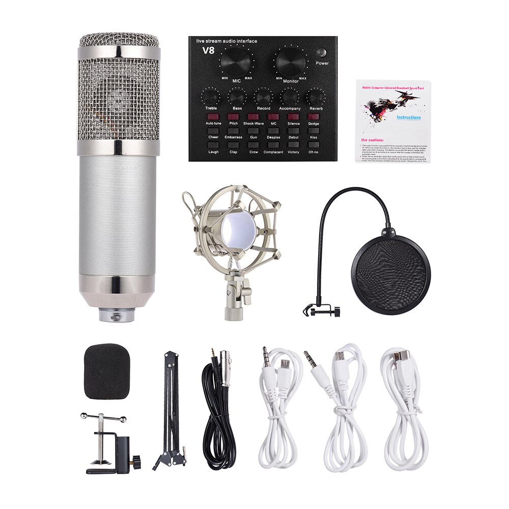 External Audio Mixing Sound Card USB Audio Interface with Multiple Sound Effect Built-in Battery Recording Condenser Mic Kit Set