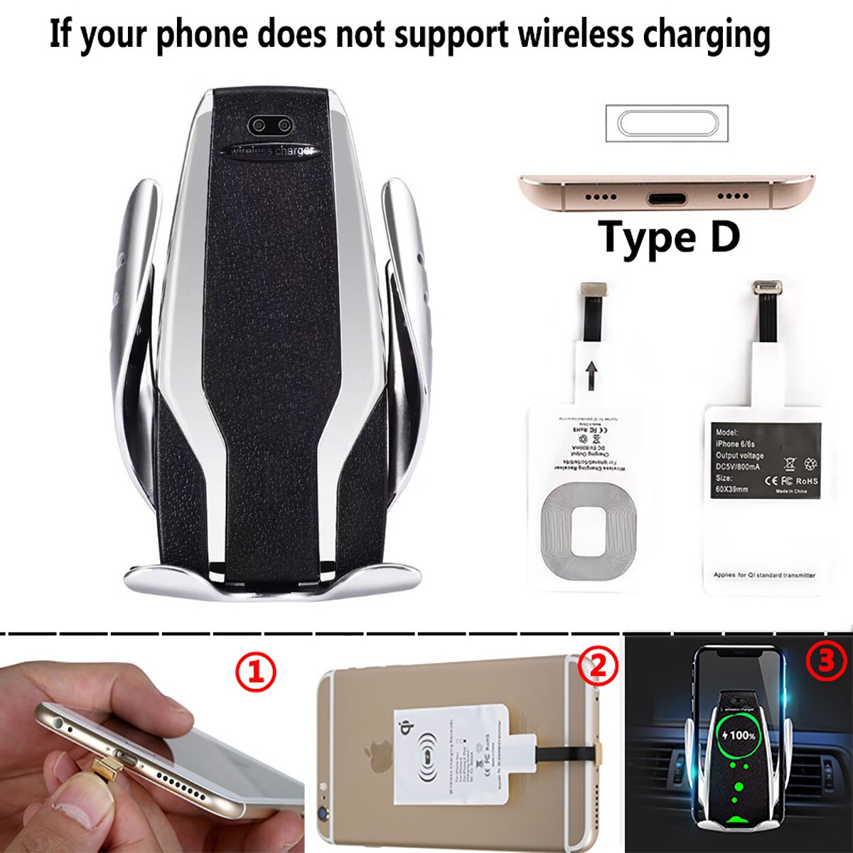 Qi Automatic Clamping Car Phone Holder Fast 10W Wireless Charging Car Charger Holder Mount Air Vent for iPhone X Max XR Samsung: Silver For iPhone