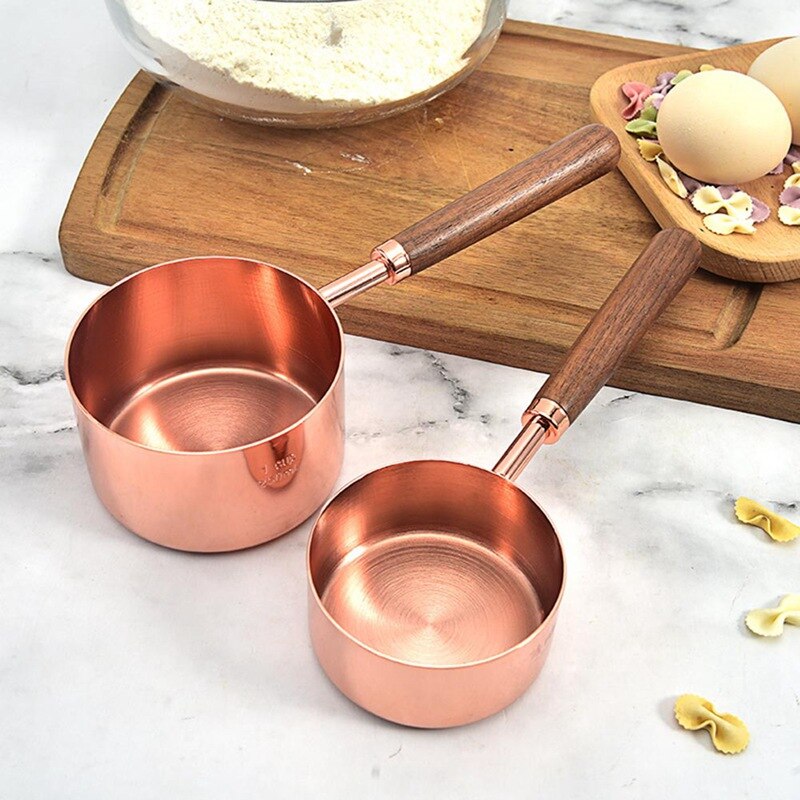 4 st roséguld rostfritt stål kopparplåt mätkoppar sked set valnöt trähandtag för kök matstång bakverktyg