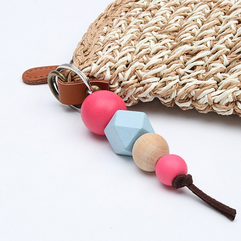 Multicolor Geometric Wood Beads Keychain For Bag Round Wooden Beads Keyrings Bag Accessories