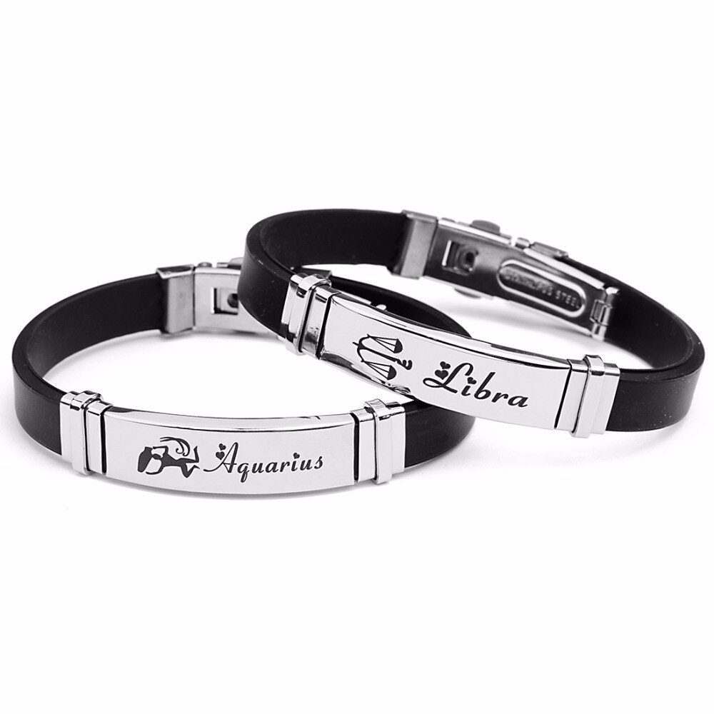 LOULEUR Silicone Zodiac Sign Bracelet for Men Women Stainless Steel Clasps Gemini Scorpio Zodiac Virgo Bracelet Men Jewelry