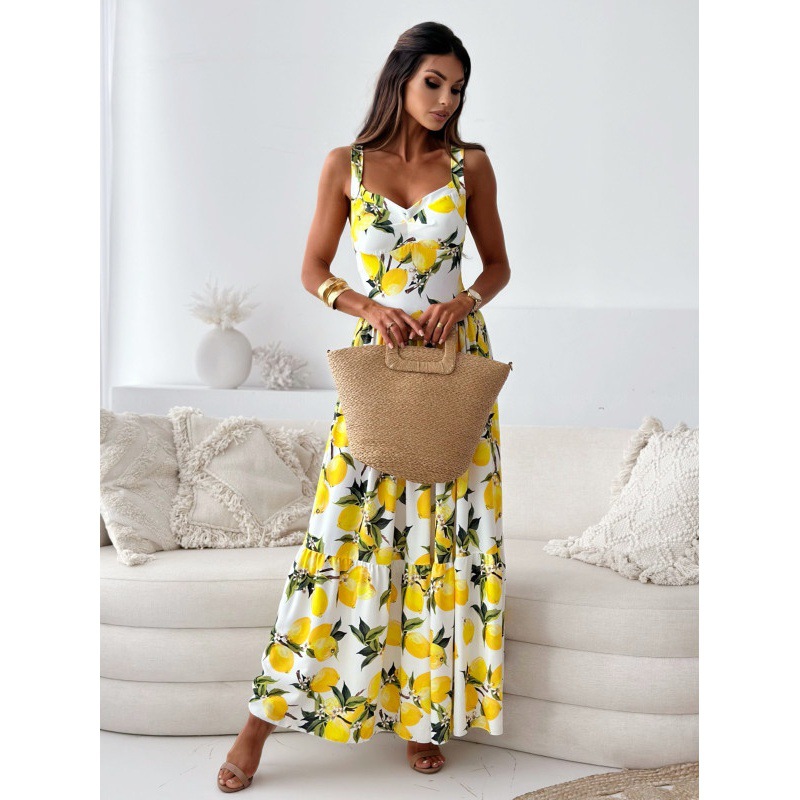 2023 sommer Maxi Kleider Für Frauen Zitrone Strap Obst Druck Strap Sress Robe Elegante Kleider Für Frauen Robe Longue Femme