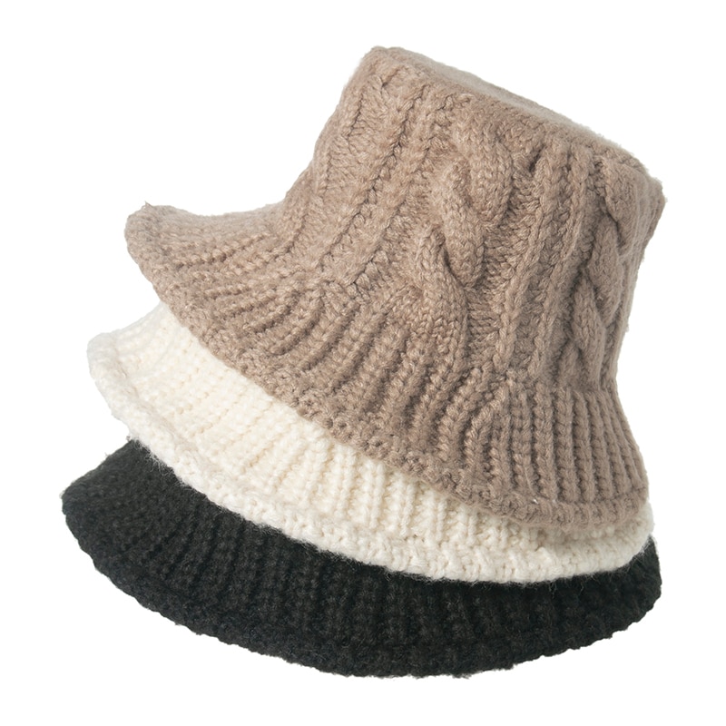 FOXMOTHER Black White Solid Winter Braid Knitted Bucket Hats Winter Warm Caps For Women Ladies gorros Fishing Caps