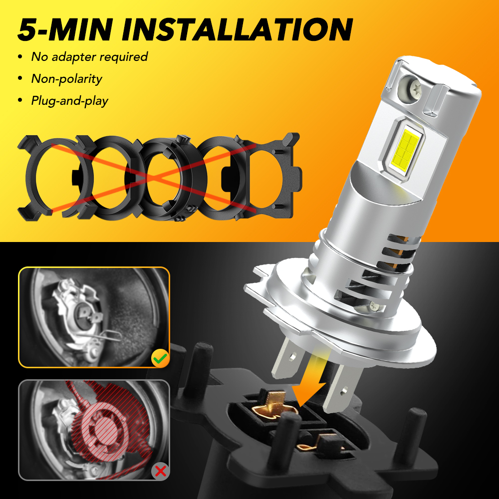 Oxilam 2 stk. led-forlygte til biler  h7 12v 55w 20000lm 5530 csp til bilforlygte 6500k stk. uden blæser  h7 stk. diodepærer mini 1:1 stk.