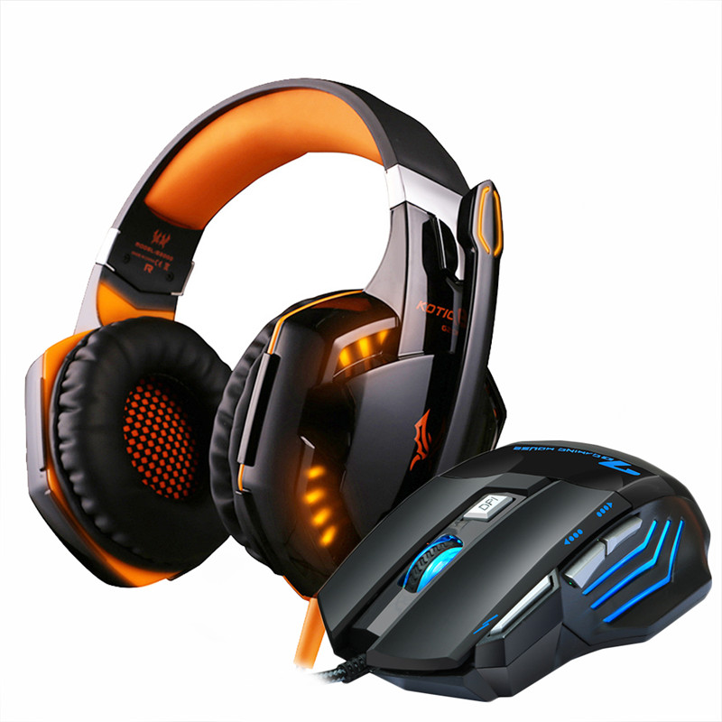 Gaming Headphones Headset wired Stereo with microphone big Earphone +Gaming Mouse 5000 DPI Mice Wired USB for PC Pro Gamer: G2000 orange mmr3