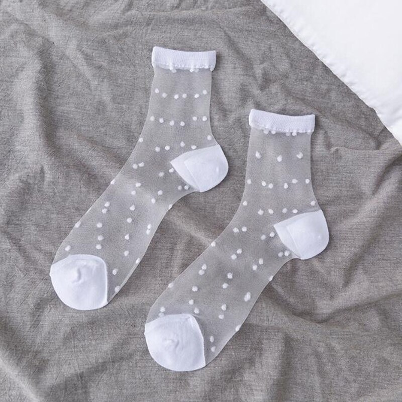 Dames zijden kanten transparante sokken zwart witte visnetsokken zomer elasticiteit enkel dunne damessokken doorschijnende kousen: Witte stip