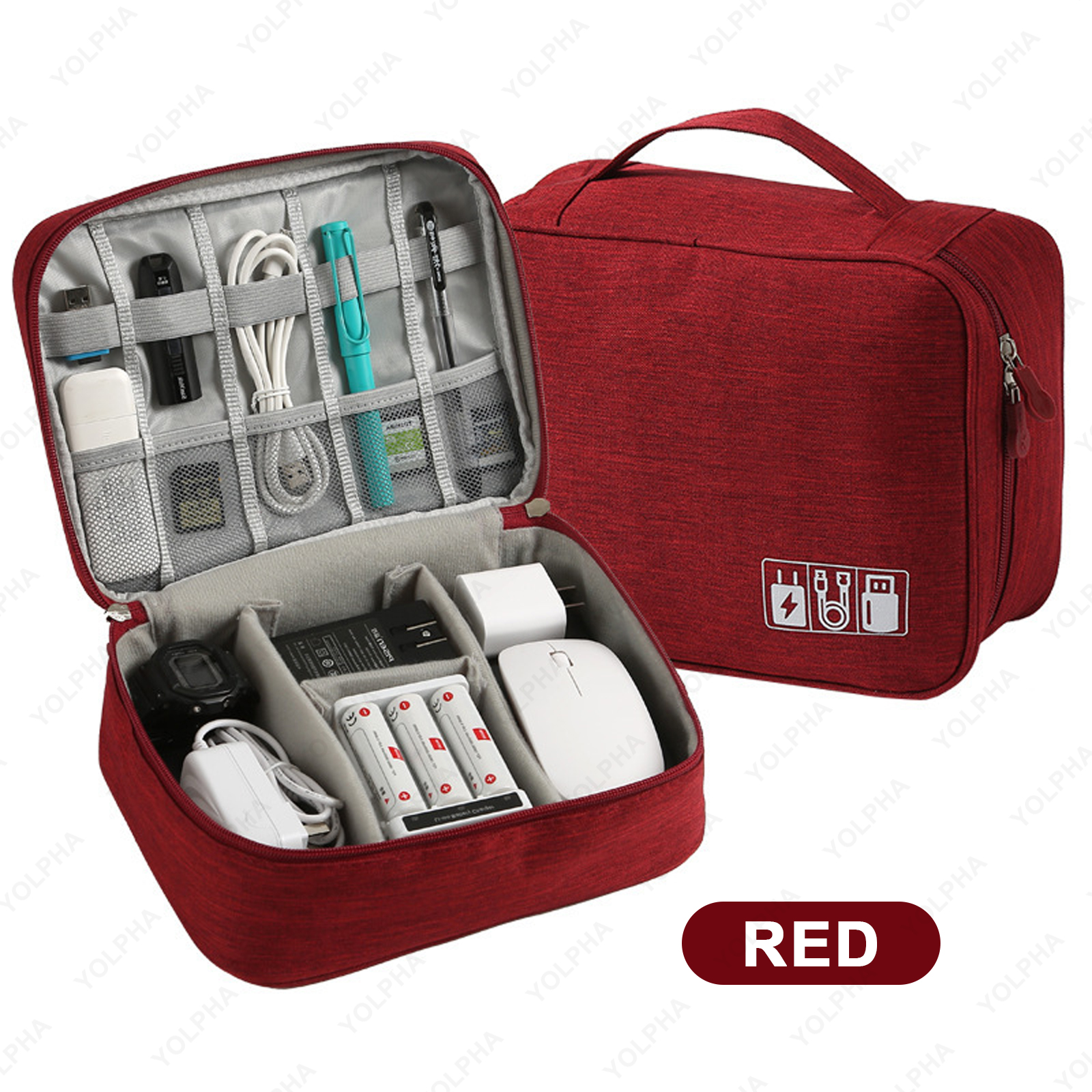 Bolsa organizadora de cables de viaje, estuche para accesorios electrónicos, bolsa de almacenamiento de cables portátil de doble capa para cargador de teléfono, FlashDrive: Rojo