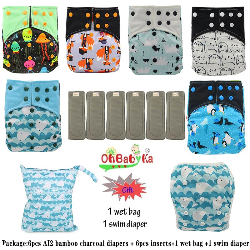 Ohbabyka AI2 wiederverwendbar Tuch Windeln für Mädchen, einstellbare Waschbar Windel 6 stücke + 6 stücke Bambus Holzkohle Einsätze + nass Tasche + Schwimmen Windel