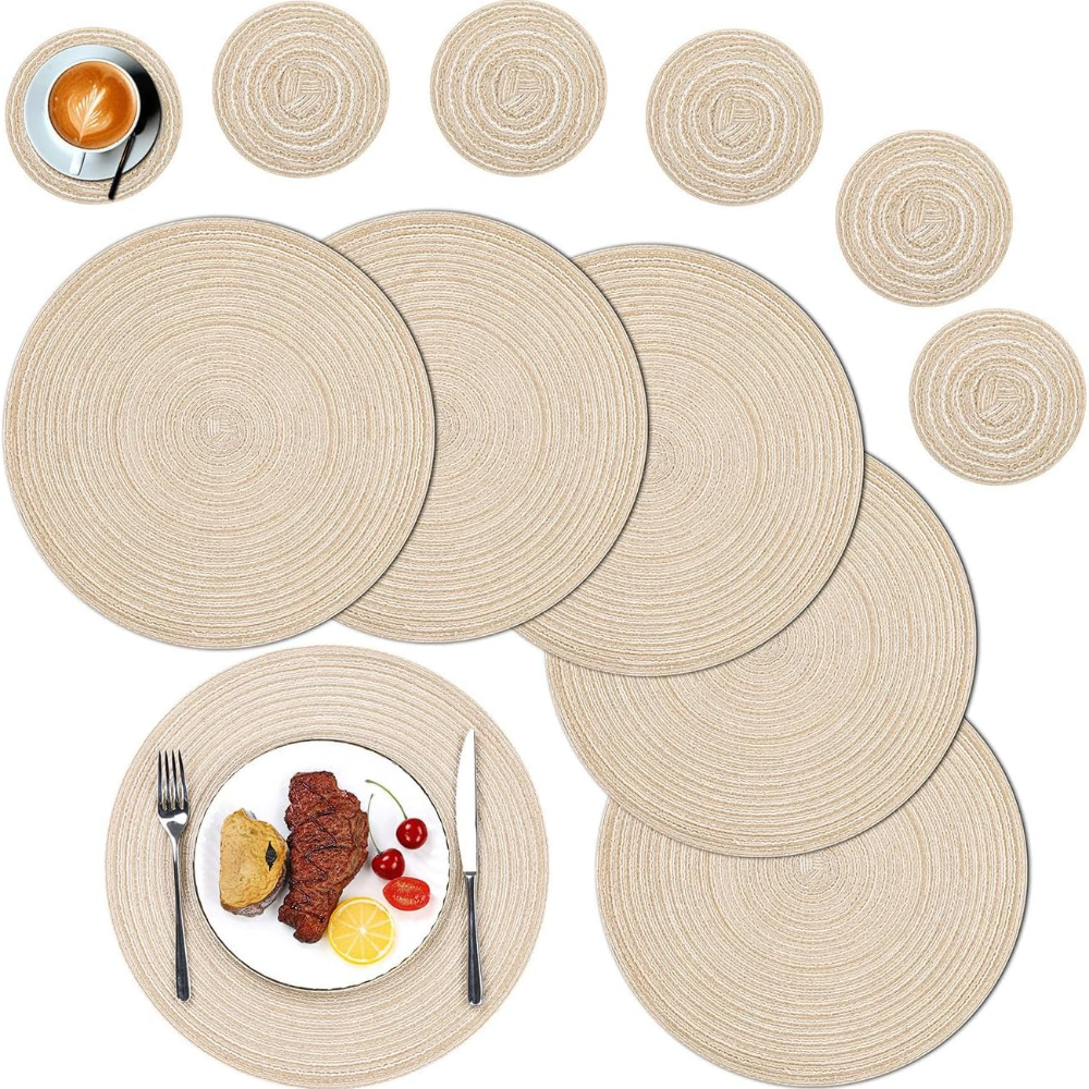 Set med 6 Runda Bordsunderlägg och Glasunderlägg Flätat Vävda Tvättbara Värmebeständiga Mats
