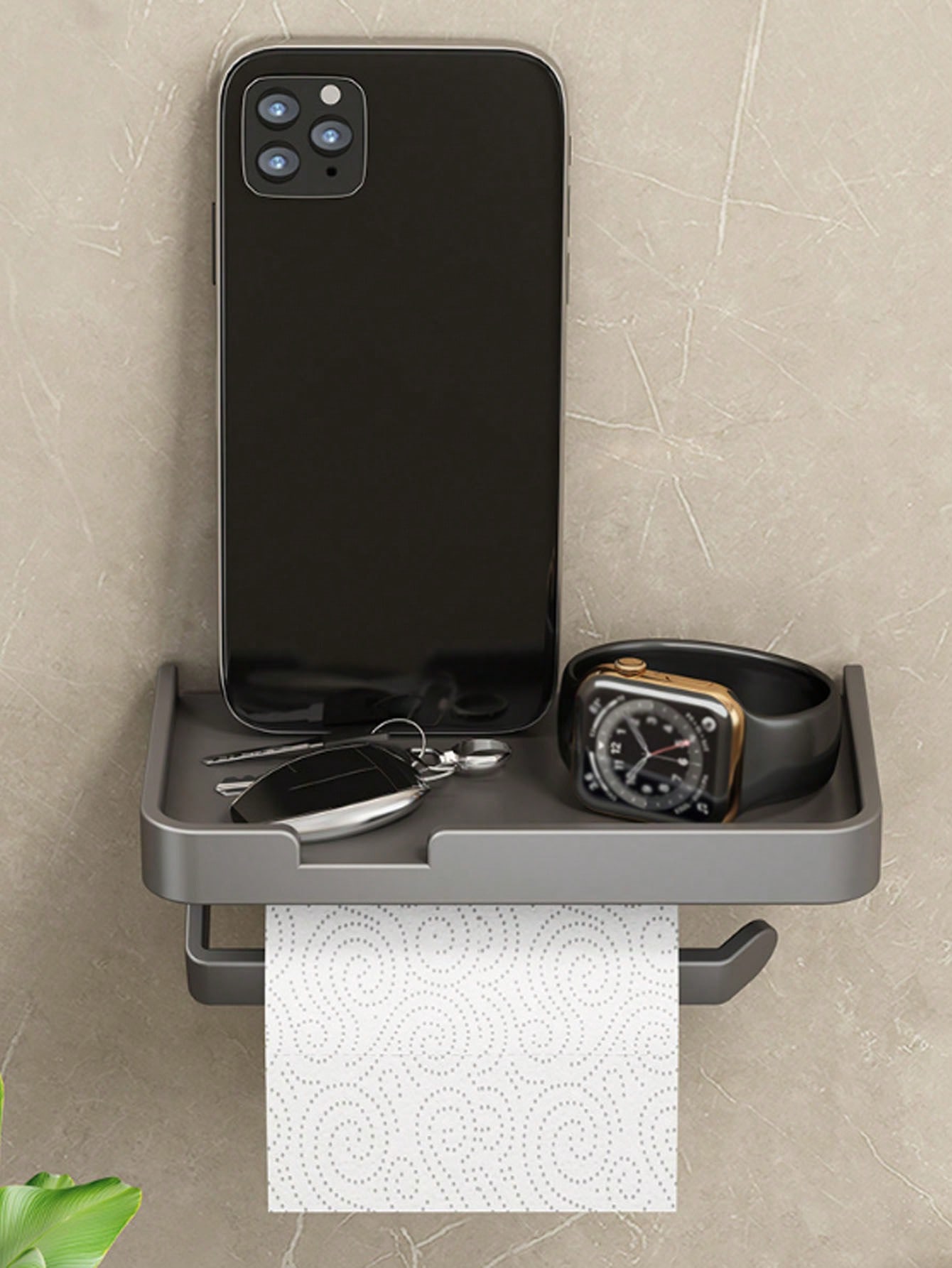 Toiletpapirholder, vægmonteret papirrulleholder med selvklæbende eller skruede kanter, multifunktionel badeværelsesopbevaringsfordeler