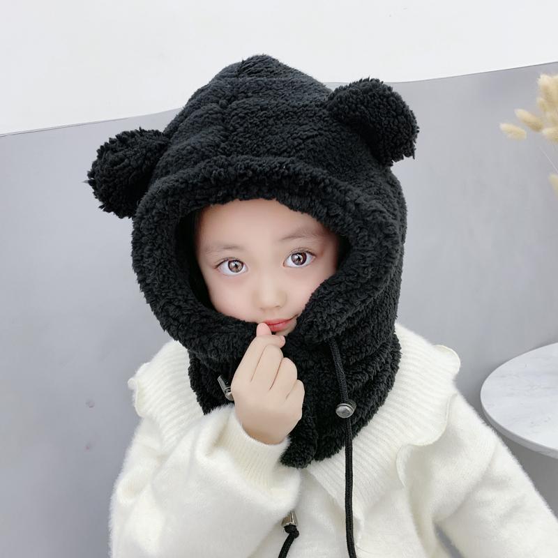 Winter Cute Selling Cute Bear Ears Warm Hat Windproof Neck Scarf Cap Student Women Children Plus Cashmere Cap: Black 3-12 years old