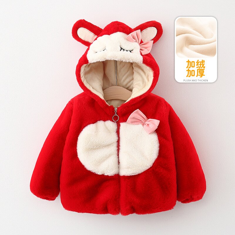 Linling Dikke Baby Jas Peuter Meisje Leuke Hooded Cartoon 3D Oor Wollen Trui Beer Scheel Rits Vest Kinderen Jas p610: Rood / 2T 90CM