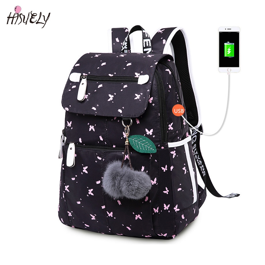 neue weibliche schule rucksack usb schule taschen für mädchen schwarz rucksack plusch ball mädchen schul schmetterling dekoration