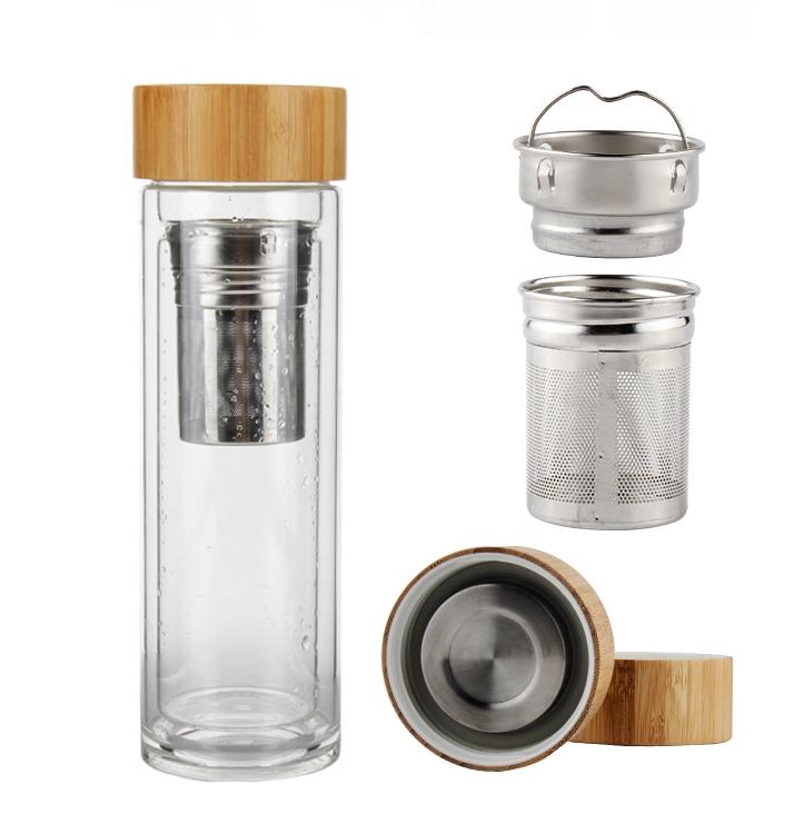 Botol air Tumbler perjalanan kaca borosilikat lapis ganda dengan Infuser teh mag