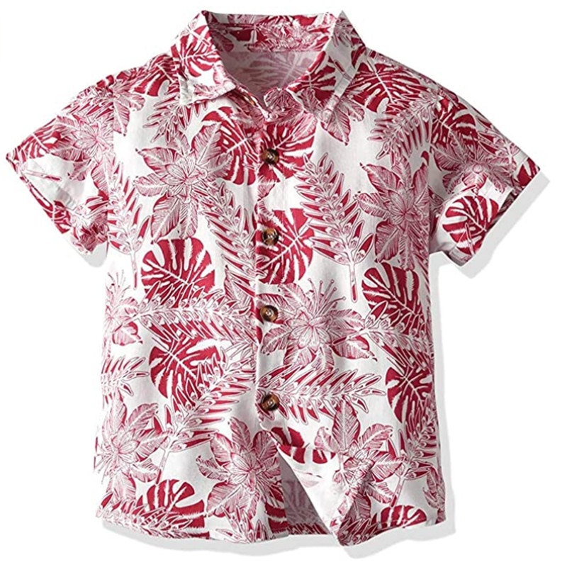 Toddler Kids Boy Tropical Hawaiian Tree Leaf Printed Shirt Short Sleeve Spread Collar Button-Down Shirt Tops Gentleman Clothes