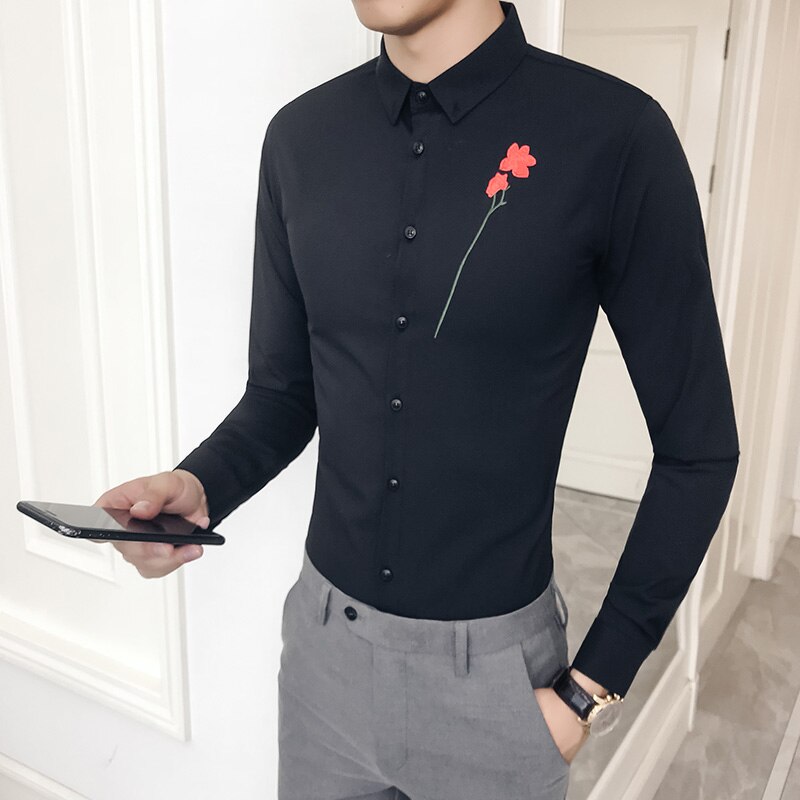 Camisa coreana para hombre, de primavera, ajustada, con bordado, informal, de manga larga, para caballeros, blusas sociales.