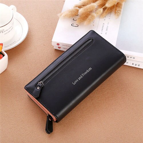 Women Wallet Love and freedom letters printing Lady Clutch Leather purse Long Card Holder Phone Bag Case Purse Handbag cartera: Black