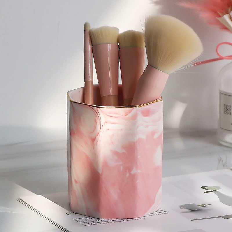 Nordic Stijl Marmeren Opslagtank Keramische Jar Cosmetische Borstel Pen Houder Mes Vork Opslag Holder Home Office Keuken Organizer: Octagon - Pink