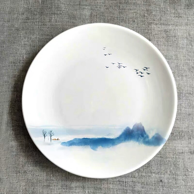 Plato colgante de pared con pintura de paisaje moderno de cerámica, Plato decorativo de porcelana creativa, adornos de decoración de entrada de la casa: C