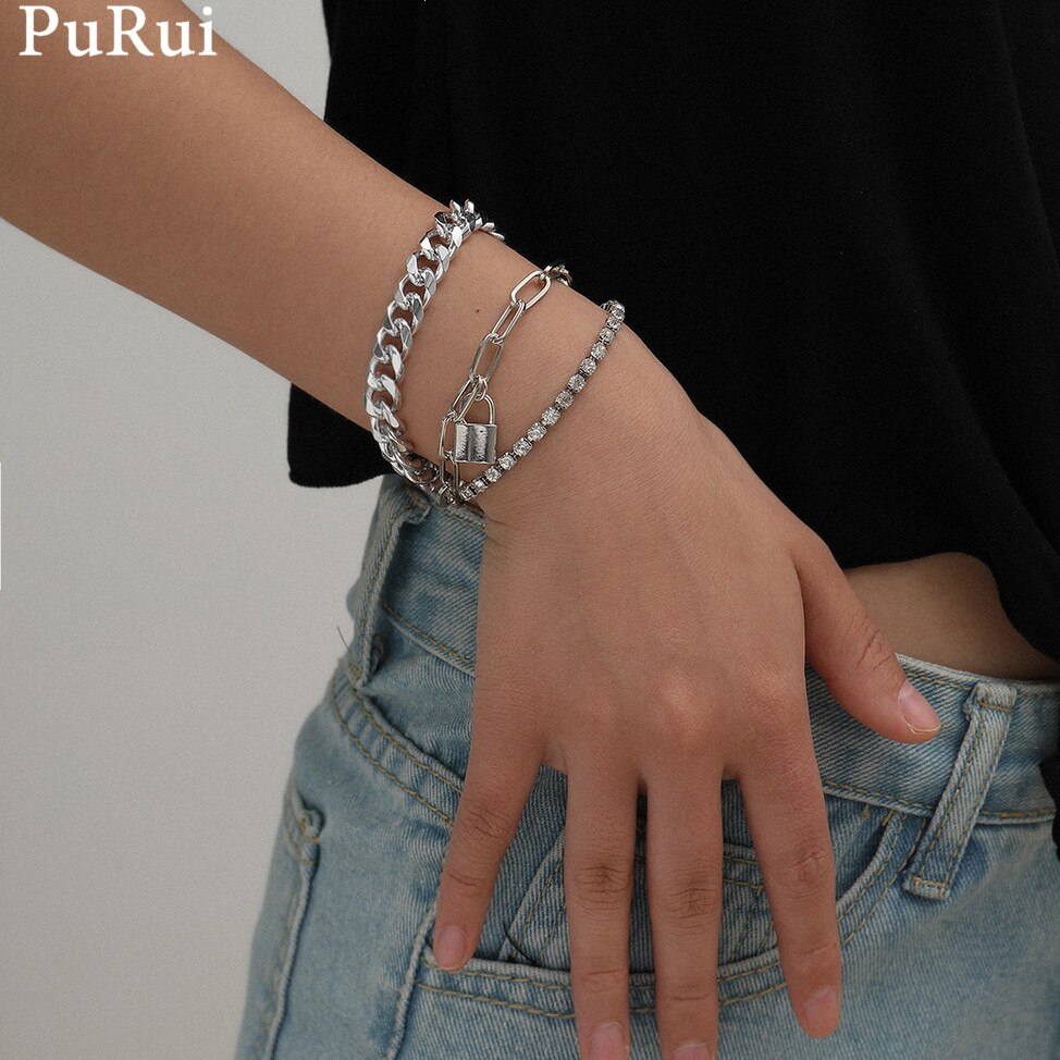 Purui Gothic 3Pcs/Set Crystal Lock Pedant Bracelets Set for Women Boho Luxury Buling Rhinestone Chain Bracelets Bangles Jewelry