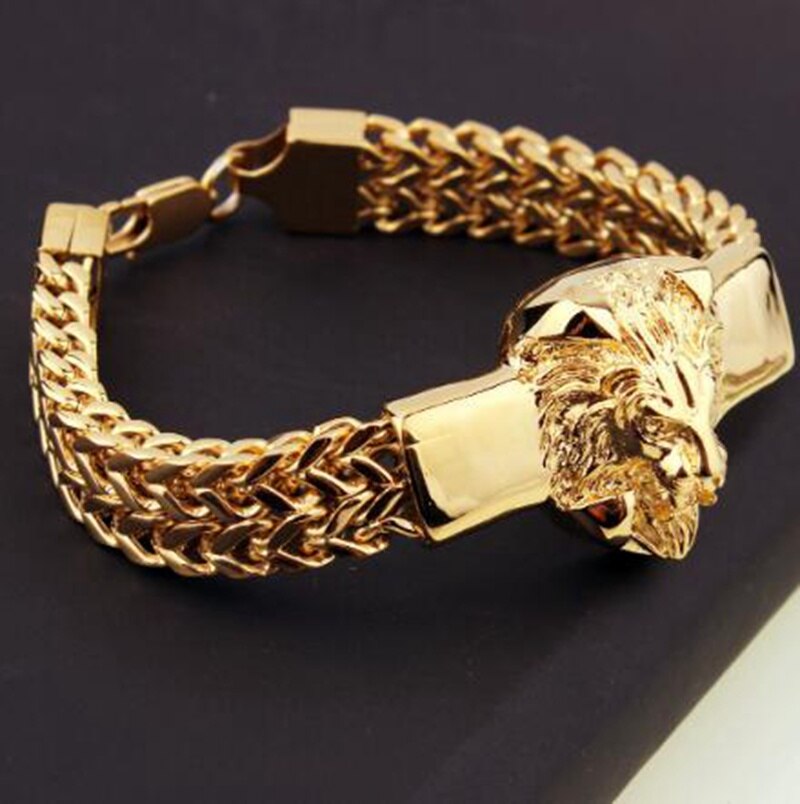 Overdrijving Rvs Ketting Gouden Leeuwenkop Punk Armband Voor Mannen Sieraden
