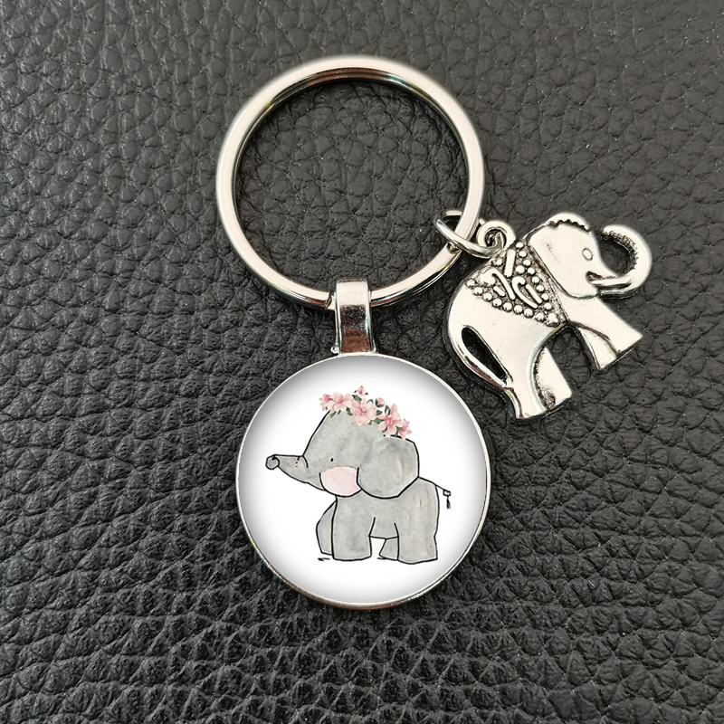 , llavero redondo convexo de cristal con de elefante y elefante bebé hecho a mano, llavero de coche, accesorios de boutique: Negro