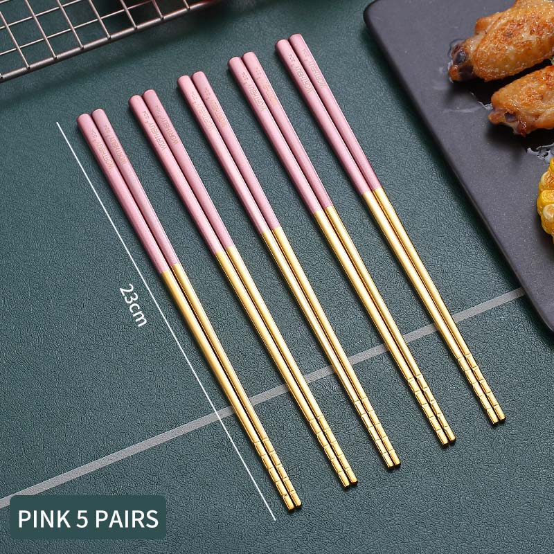 Worthbuy 5 par guldhalkiga ätpinnar 18/8 ätpinnar i rostfritt stål för sushi hashi matpinnar återanvändbara ätpinnar: Rosa