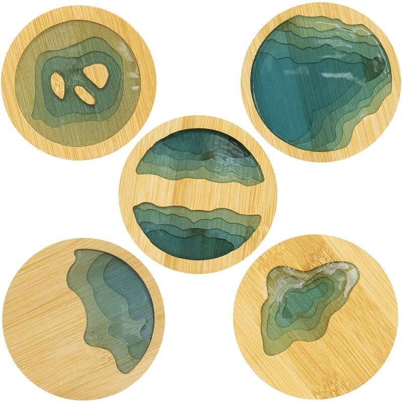 5 Pack Wood Coasters Round Ocean Wave Epoxy Resin and Bamboo Coaster Drink Mat Home Decorations: 5pcs