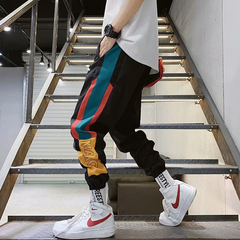 Adolescente moda hip hop streetwear homens splice corredores calça masculina calças casuais harem pant: L / Black