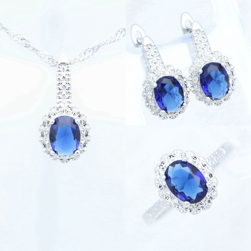 Anillo granate, pendientes, colgante, collar, joyería dulce, conjunto de joyas de plata de ley 925 para mujer, caja de gratis: Azul