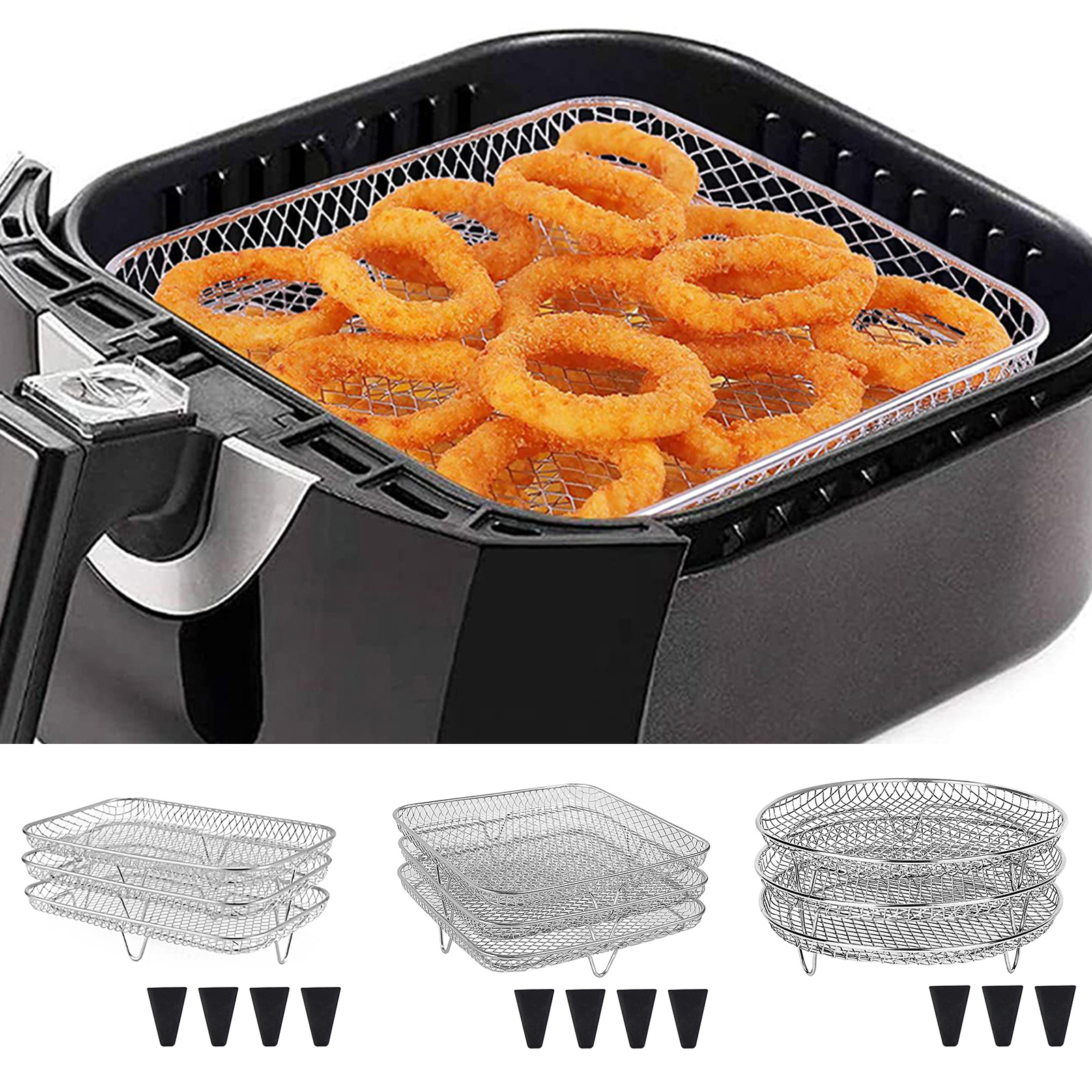 Air Fryer Rack Stackable Grid Grilling Racks 3-layers Stainless Steel Air Fryer Basket Tray Steam Rack Home Kitchen Accessories