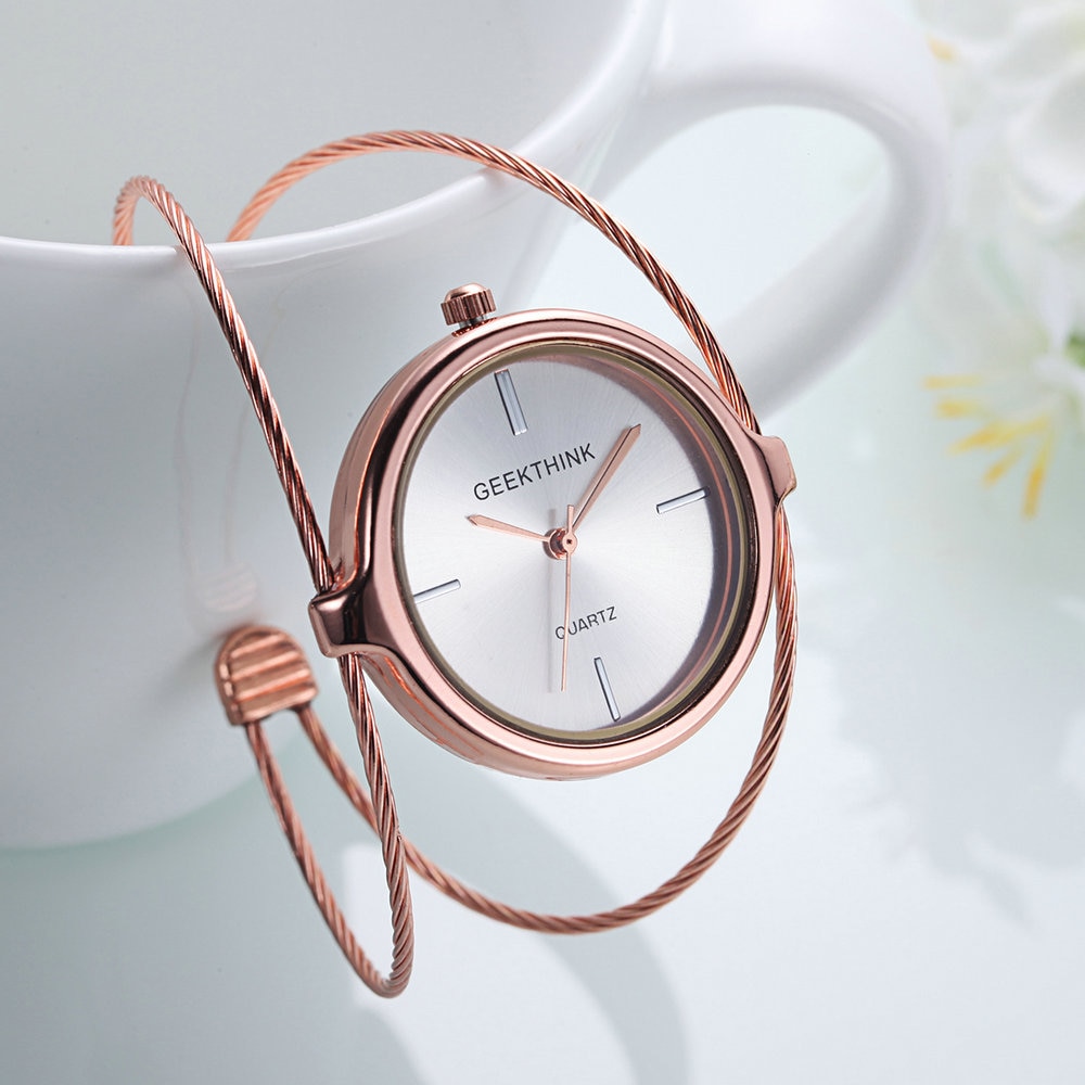 GEEKTHINK Unique Brand Quartz Watch Women Bracelet Ladies Rose Gold Watch female Luxury Double Ring steel band casual: Rose Gold