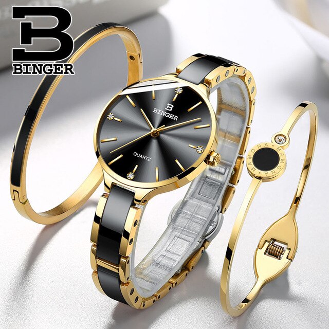 Zwitserland binger luxe dameshorloge merk kristal armband horloges dames dames polshorloges relogio feminino: Goud zwart